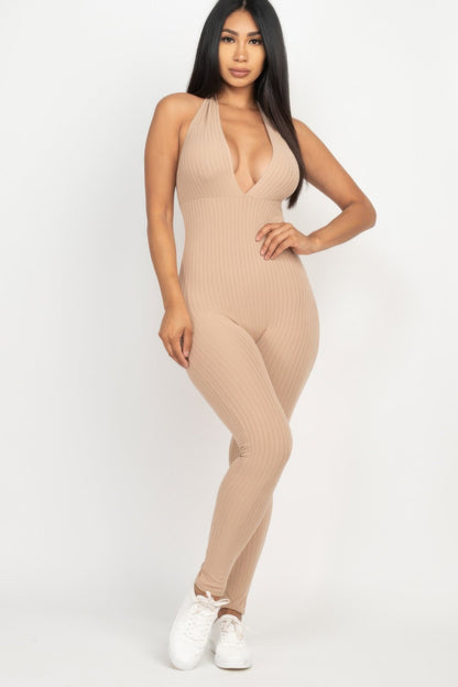 Halter V Neck Ribbed Bodycon Jumpsuit See size chart under “more details” The Fashion Celestial
