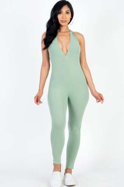 Halter V Neck Ribbed Bodycon Jumpsuit See size chart under “more details” The Fashion Celestial
