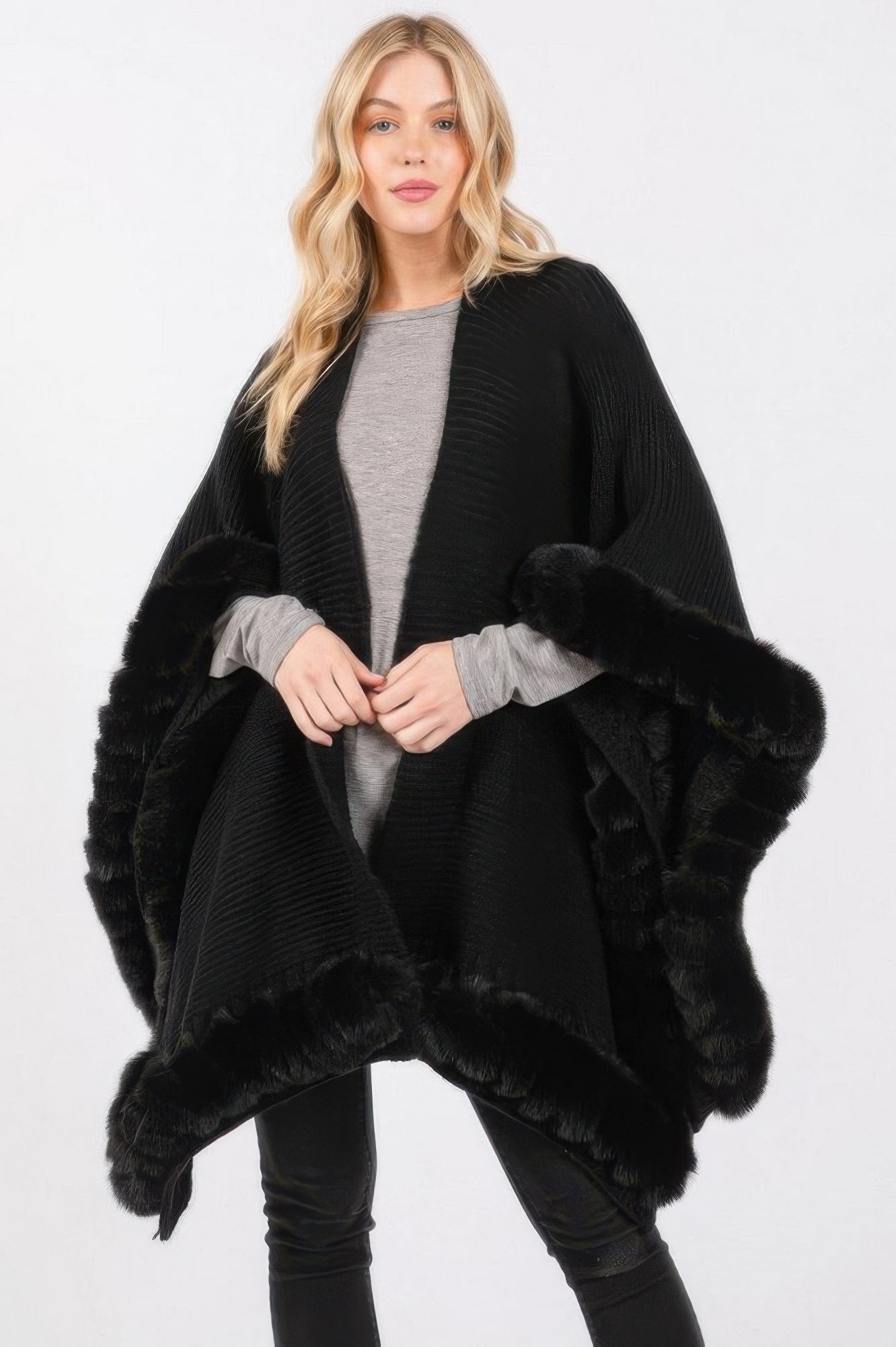 Faux Fur Trim Cape With Closure See size chart under “more details” The Fashion Celestial