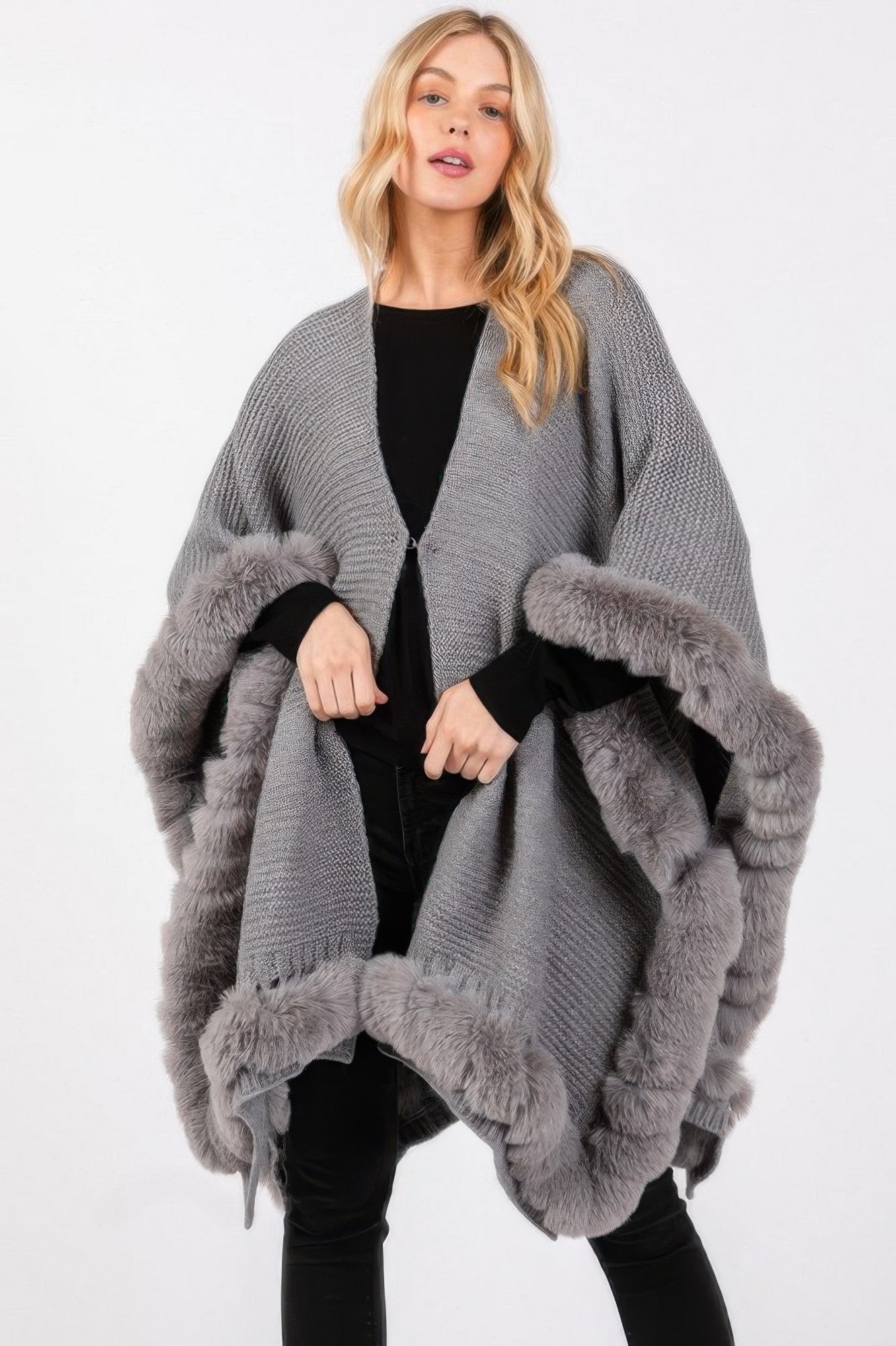 Faux Fur Trim Cape With Closure See size chart under “more details” The Fashion Celestial
