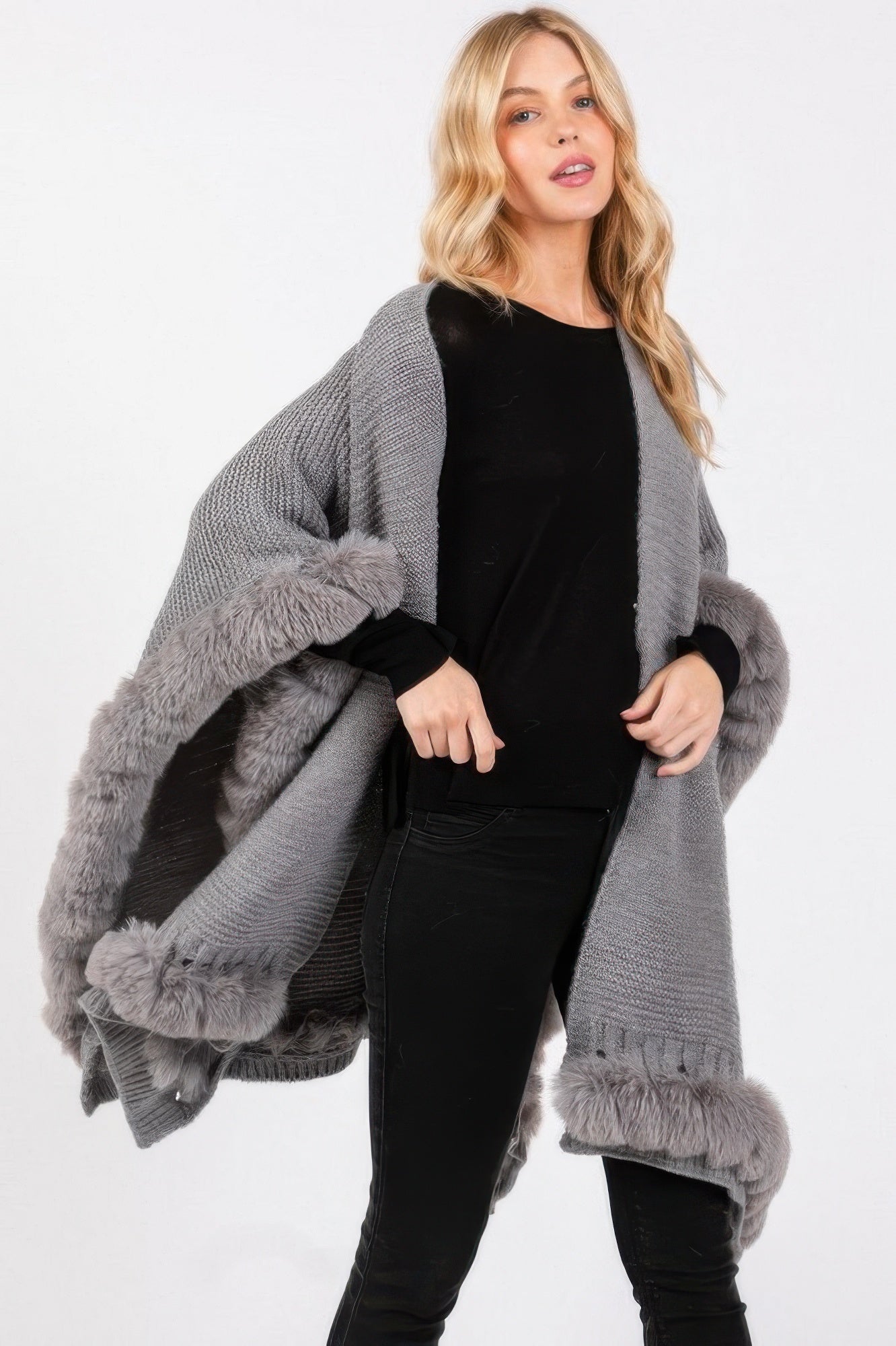 Faux Fur Trim Cape With Closure See size chart under “more details” The Fashion Celestial