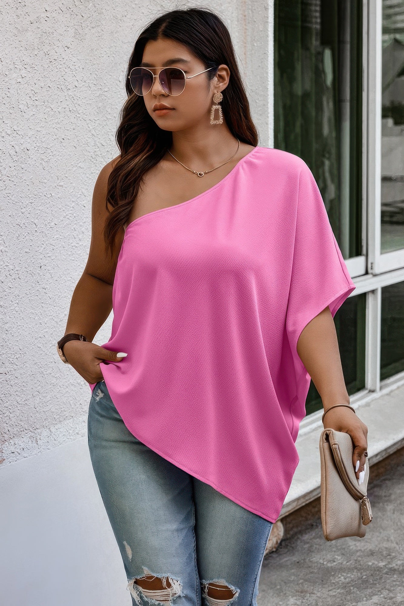Plus One Shoulder Solid Casual Loose Fit Shirt See size chart under “more details” The Fashion Celestial
