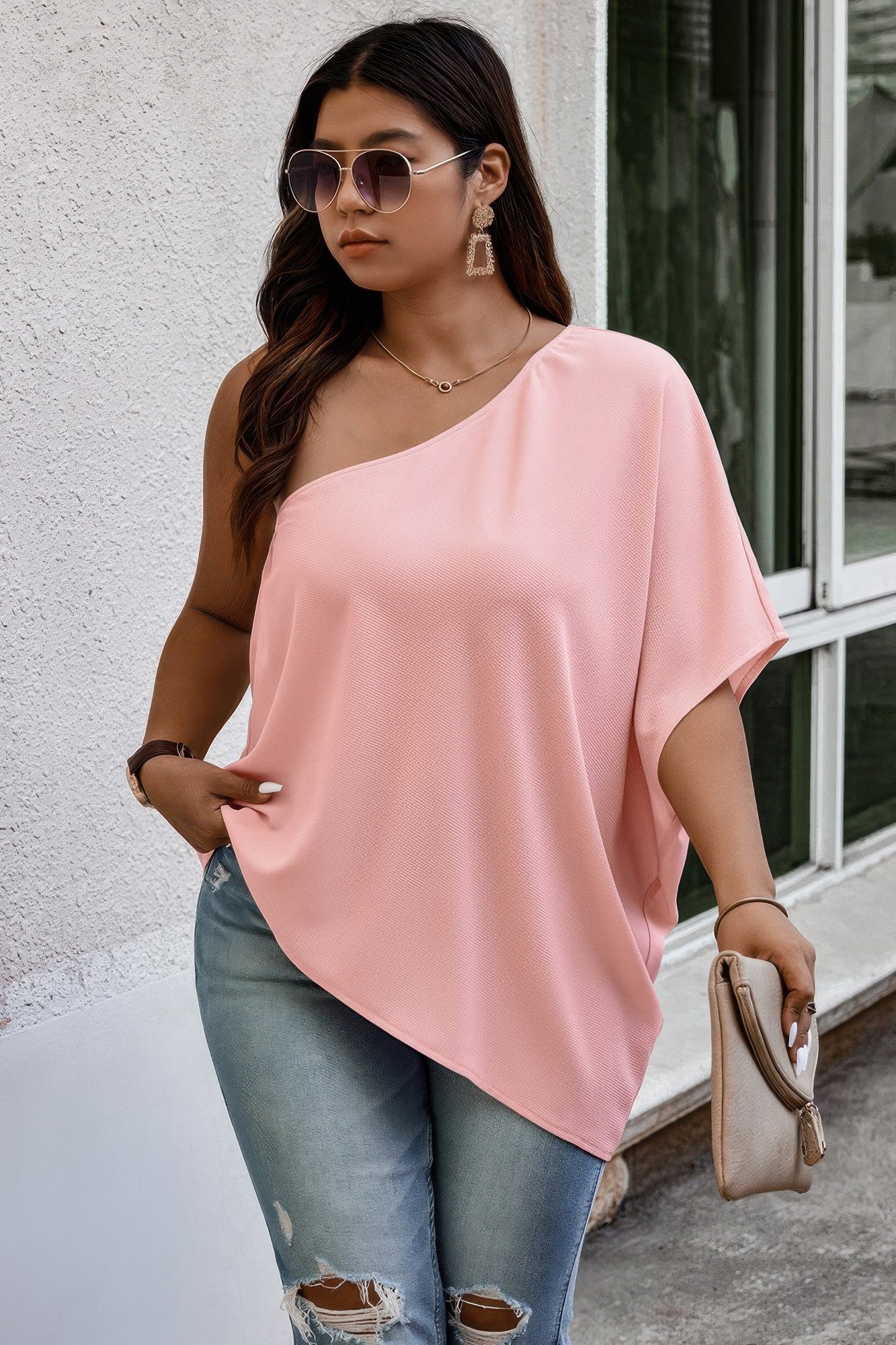 Plus One Shoulder Solid Casual Loose Fit Shirt See size chart under “more details” The Fashion Celestial