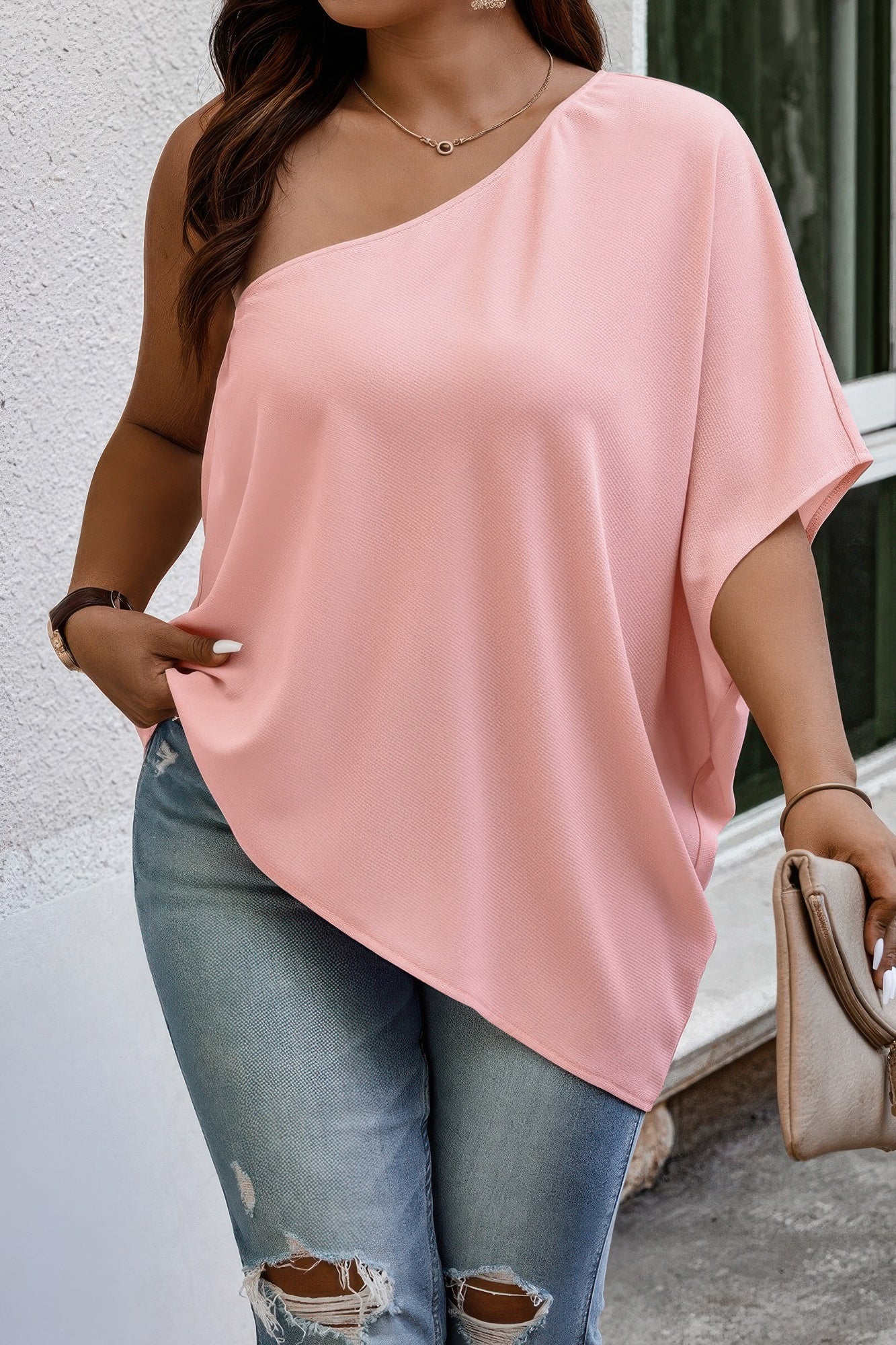 Plus One Shoulder Solid Casual Loose Fit Shirt See size chart under “more details” The Fashion Celestial