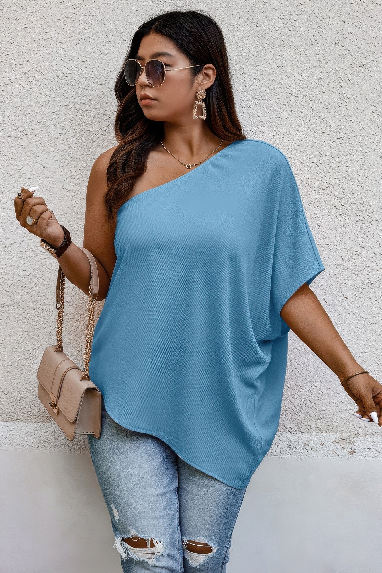Plus One Shoulder Solid Casual Loose Fit Shirt See size chart under “more details” The Fashion Celestial
