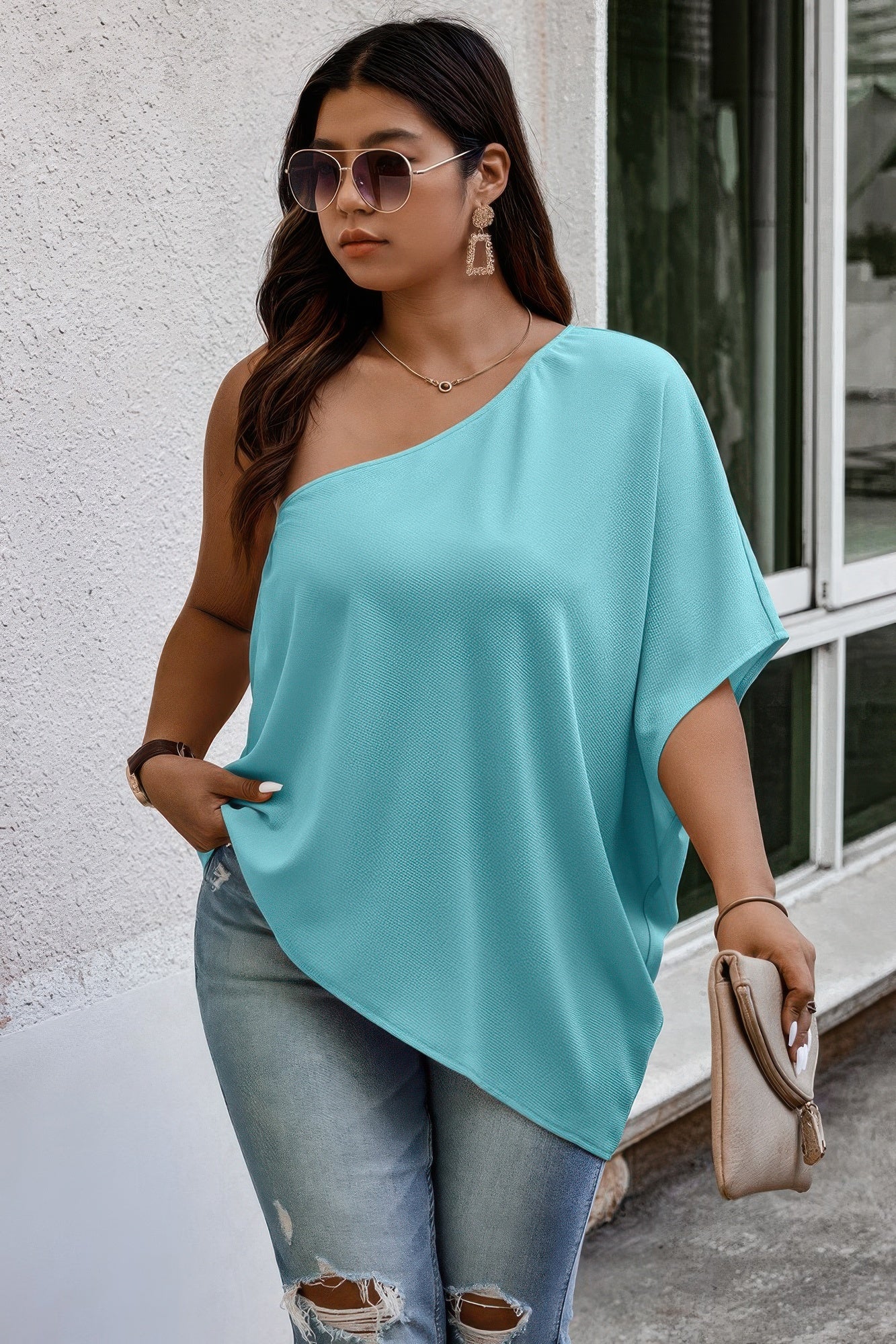 Plus One Shoulder Solid Casual Loose Fit Shirt See size chart under “more details” The Fashion Celestial