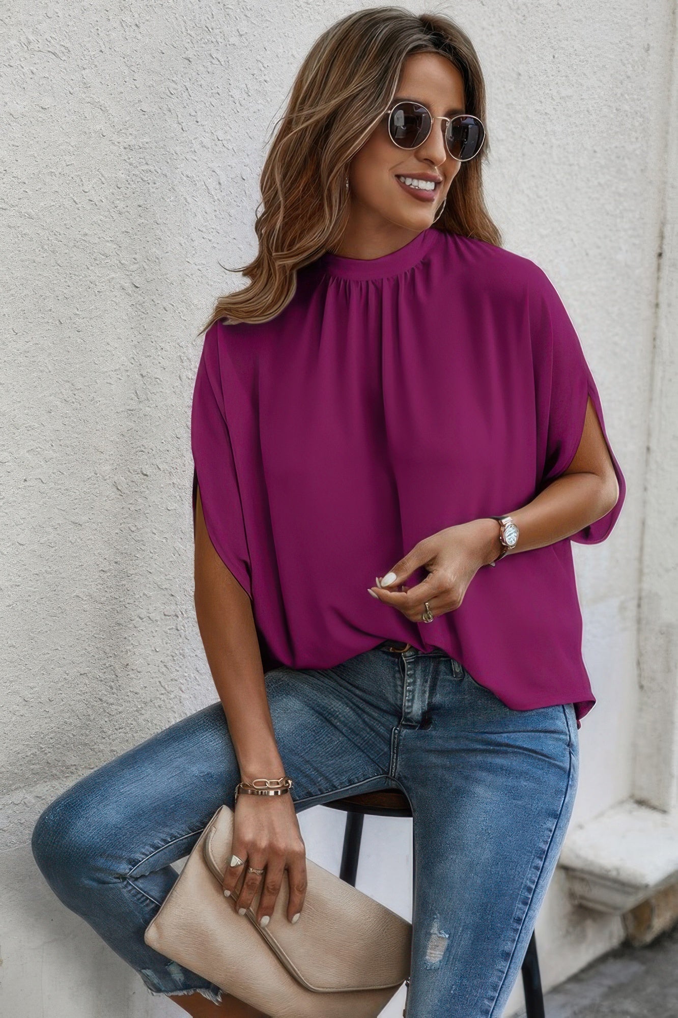 Mock Neck Batwing Sleeve Solid Loose Blouse See size chart under “more details” The Fashion Celestial