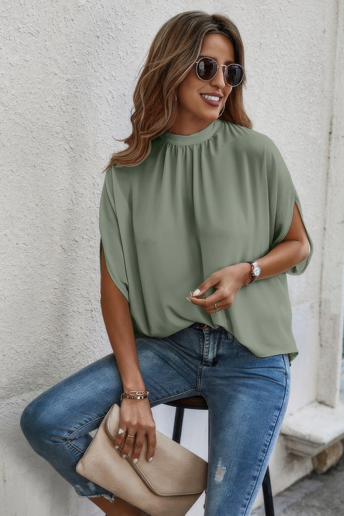Mock Neck Batwing Sleeve Solid Loose Blouse See size chart under “more details” The Fashion Celestial