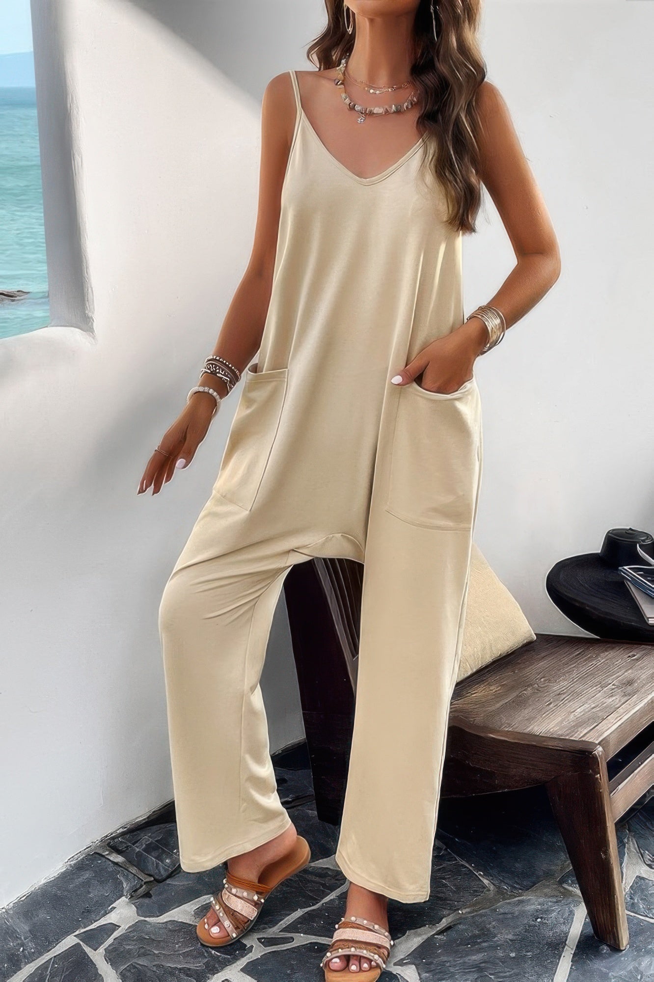 Pocketed Spaghetti Strap Loose Sleeveless Jumpsuit See size chart under “more details” The Fashion Celestial