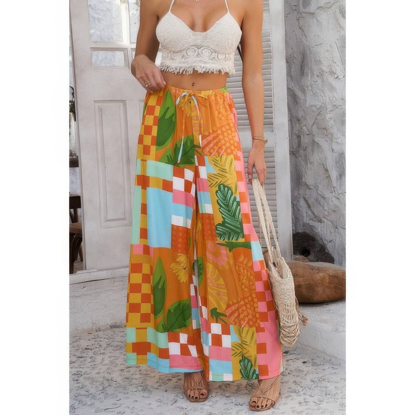 Allover Print Drawstring Pockets Wide Leg Pants See size chart under “more details” The Fashion Celestial