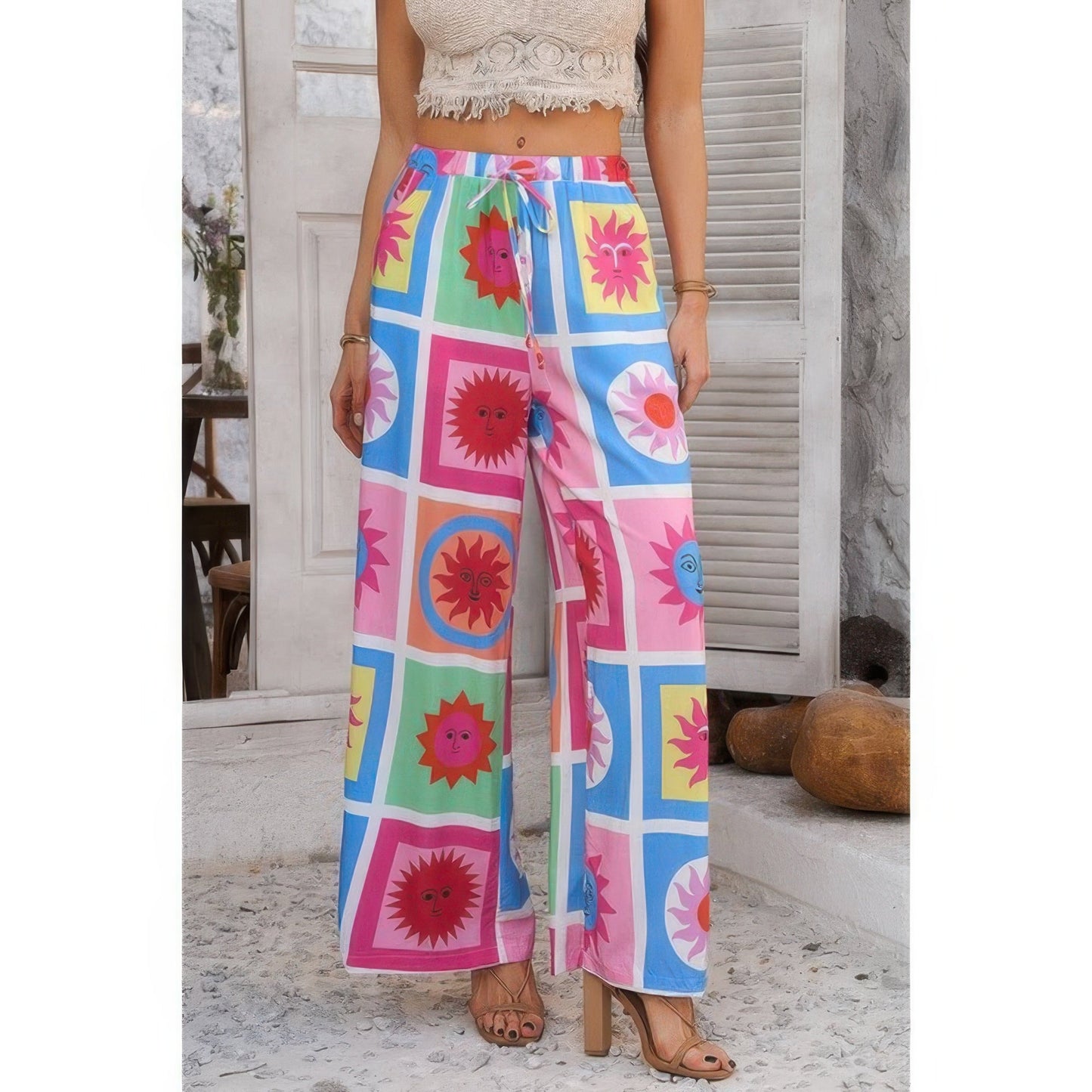 Allover Print Drawstring Pockets Wide Leg Pants See size chart under “more details” The Fashion Celestial