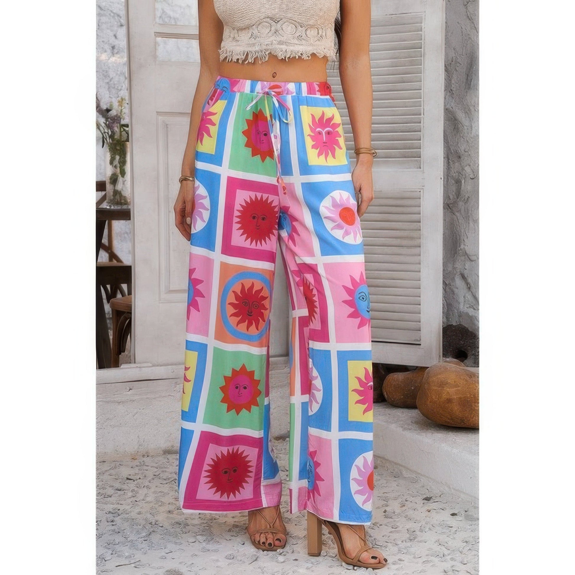 Allover Print Drawstring Pockets Wide Leg Pants See size chart under “more details” The Fashion Celestial