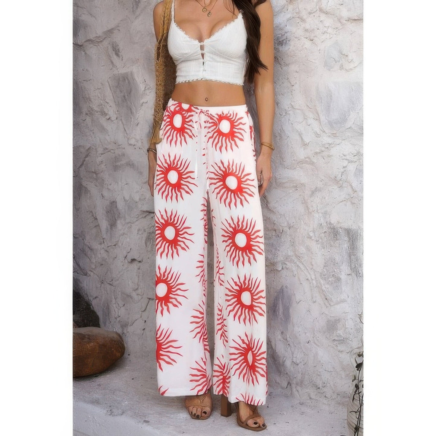 Allover Print Drawstring Pockets Wide Leg Pants See size chart under “more details” The Fashion Celestial