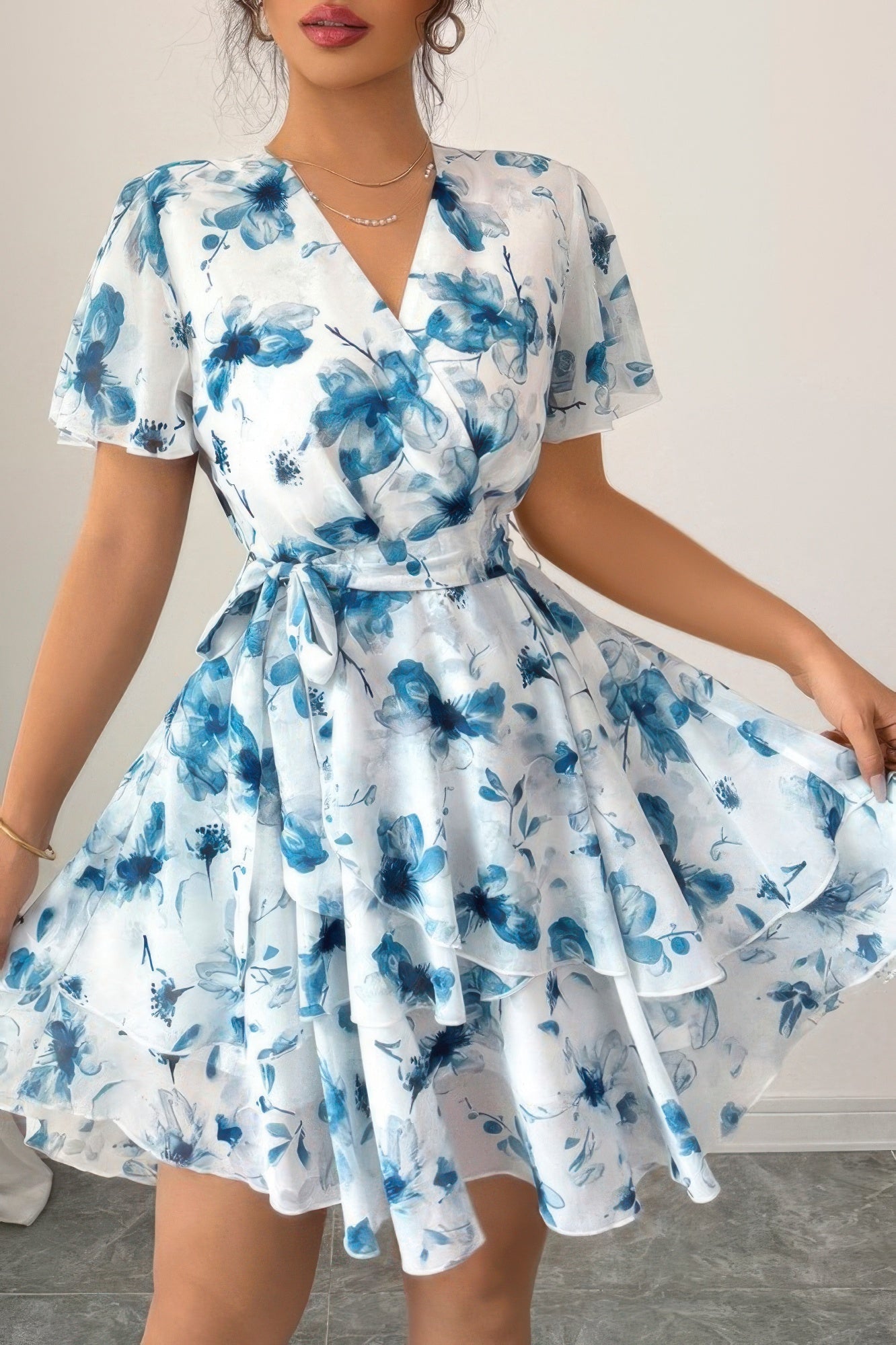 Floral V Neck Ruffle Sleeve Tie Belt Dress See size chart under “more details” The Fashion Celestial