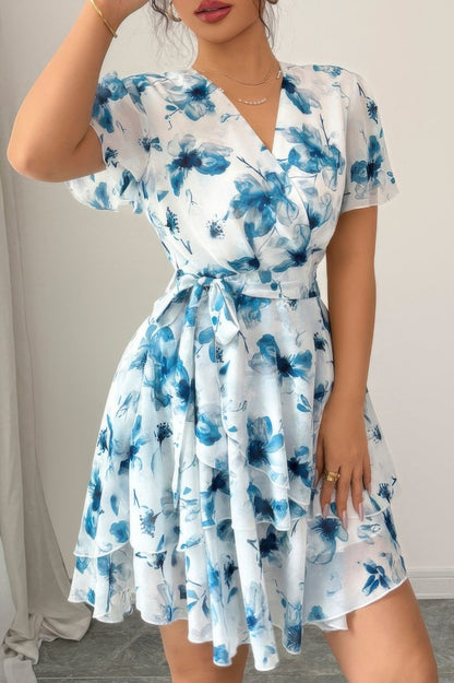 Floral V Neck Ruffle Sleeve Tie Belt Dress See size chart under “more details” The Fashion Celestial