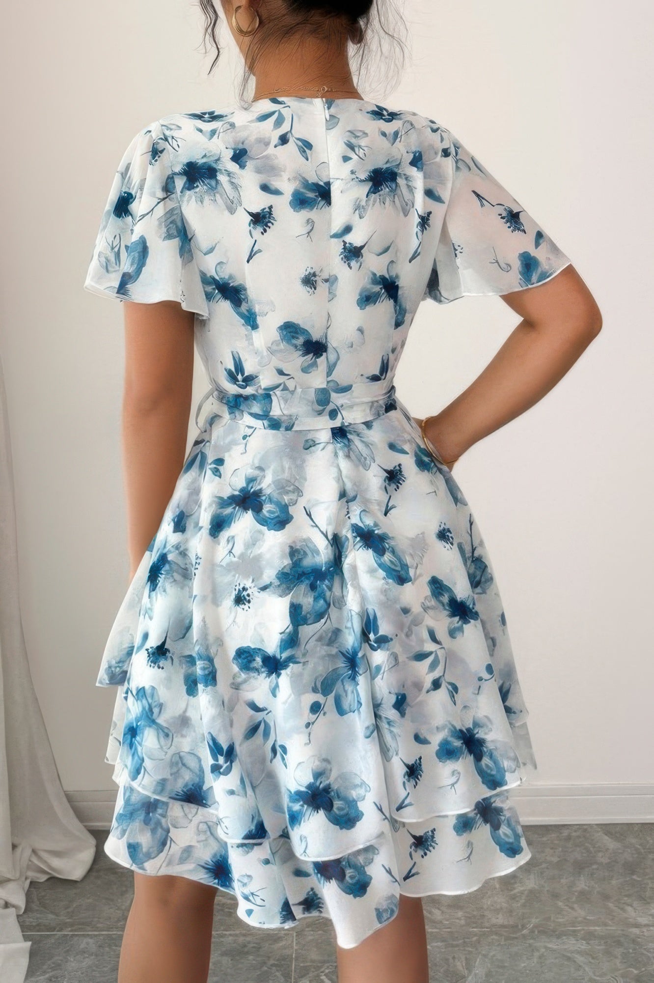 Floral V Neck Ruffle Sleeve Tie Belt Dress See size chart under “more details” The Fashion Celestial