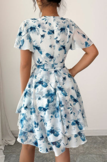 Floral V Neck Ruffle Sleeve Tie Belt Dress See size chart under “more details” The Fashion Celestial