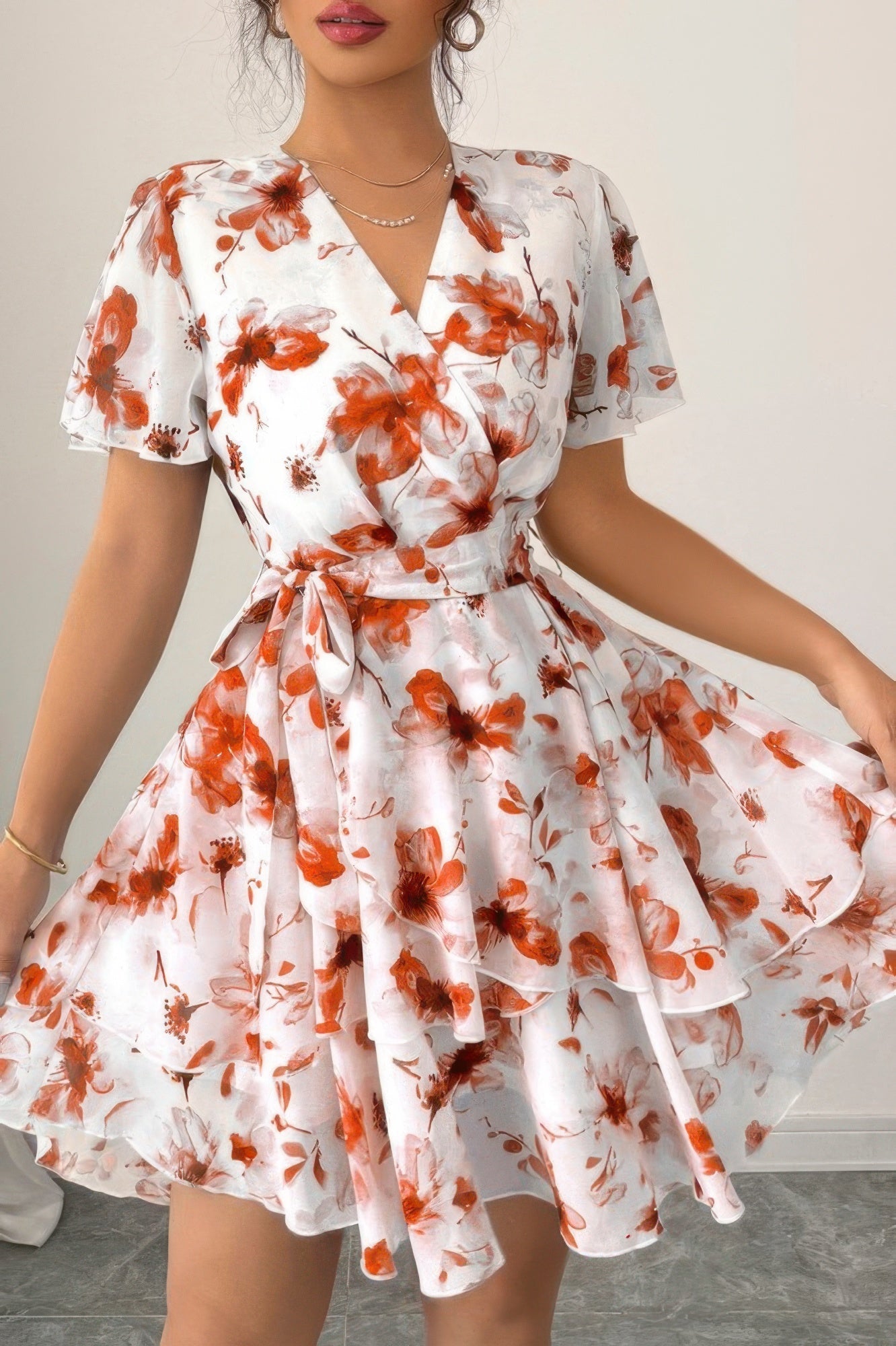 Floral V Neck Ruffle Sleeve Tie Belt Dress See size chart under “more details” The Fashion Celestial