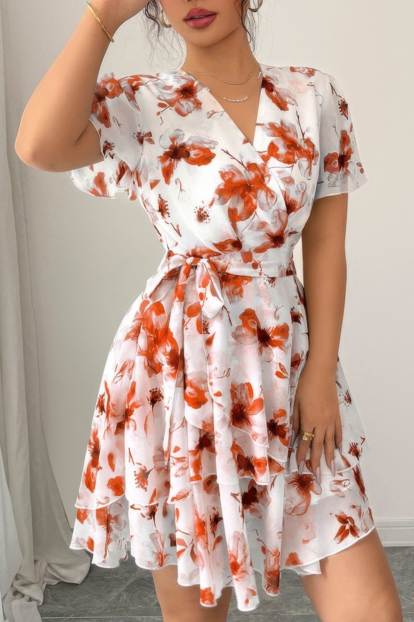 Floral V Neck Ruffle Sleeve Tie Belt Dress See size chart under “more details” The Fashion Celestial
