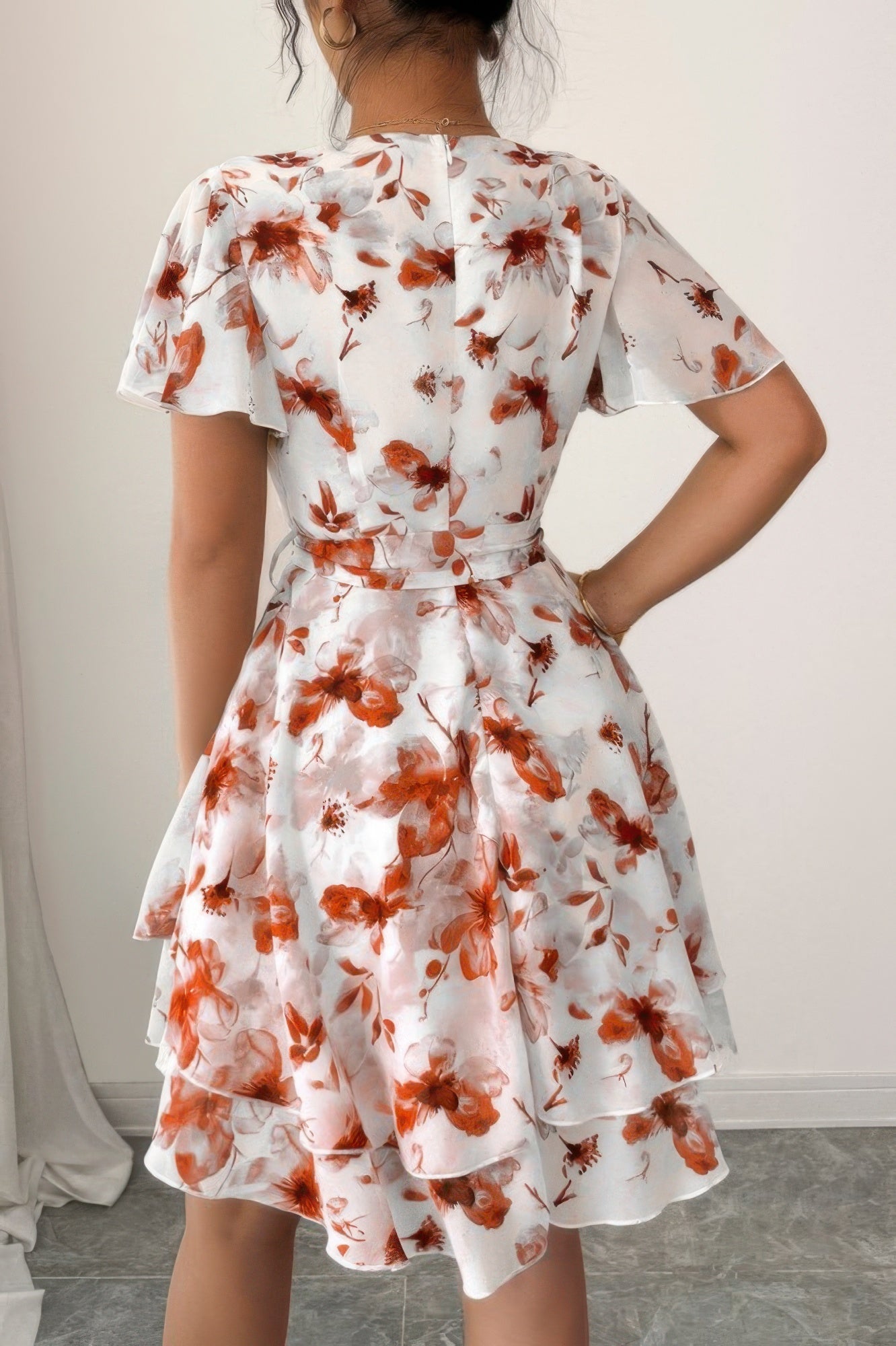 Floral V Neck Ruffle Sleeve Tie Belt Dress See size chart under “more details” The Fashion Celestial
