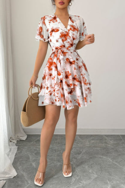 Floral V Neck Ruffle Sleeve Tie Belt Dress See size chart under “more details” The Fashion Celestial
