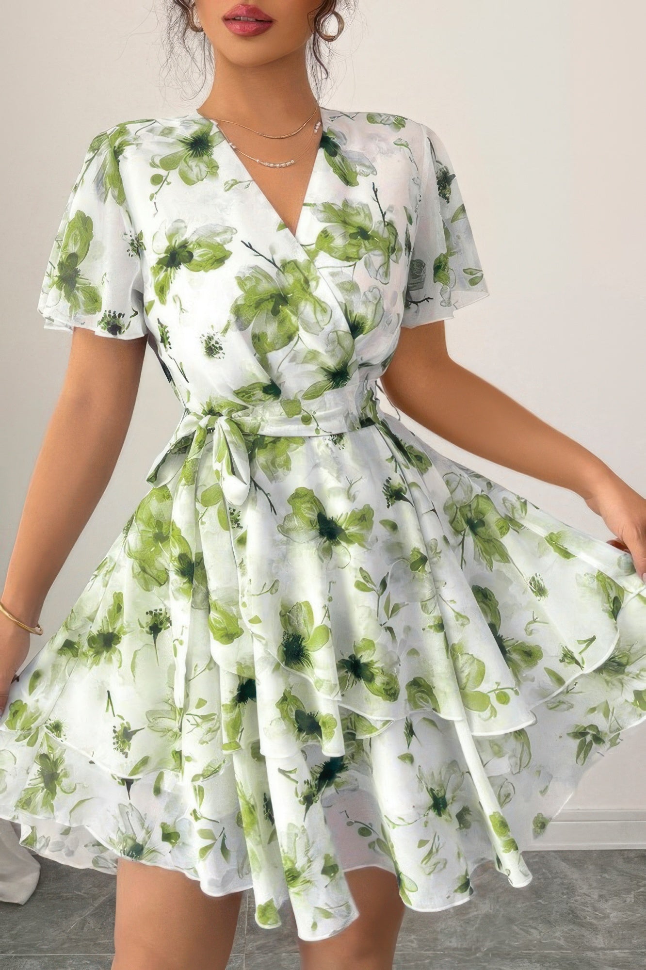 Floral V Neck Ruffle Sleeve Tie Belt Dress See size chart under “more details” The Fashion Celestial
