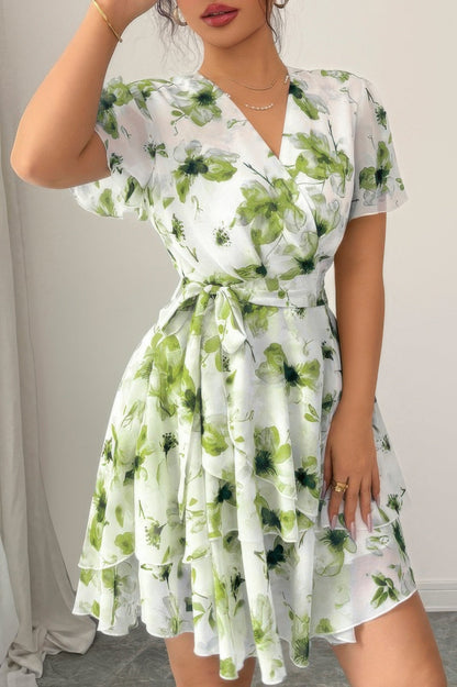 Floral V Neck Ruffle Sleeve Tie Belt Dress See size chart under “more details” The Fashion Celestial