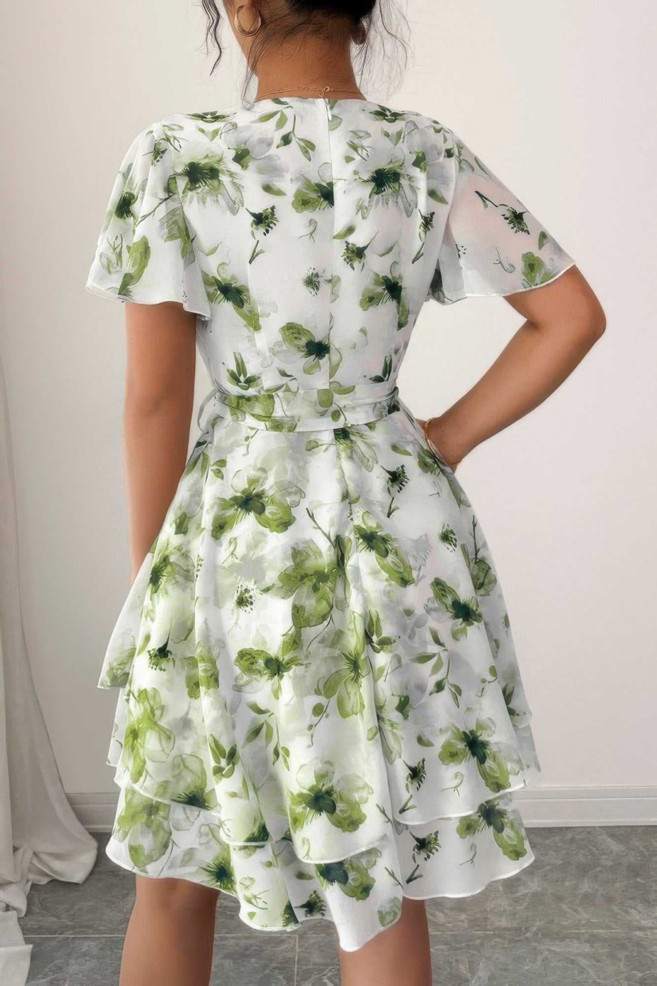 Floral V Neck Ruffle Sleeve Tie Belt Dress See size chart under “more details” The Fashion Celestial