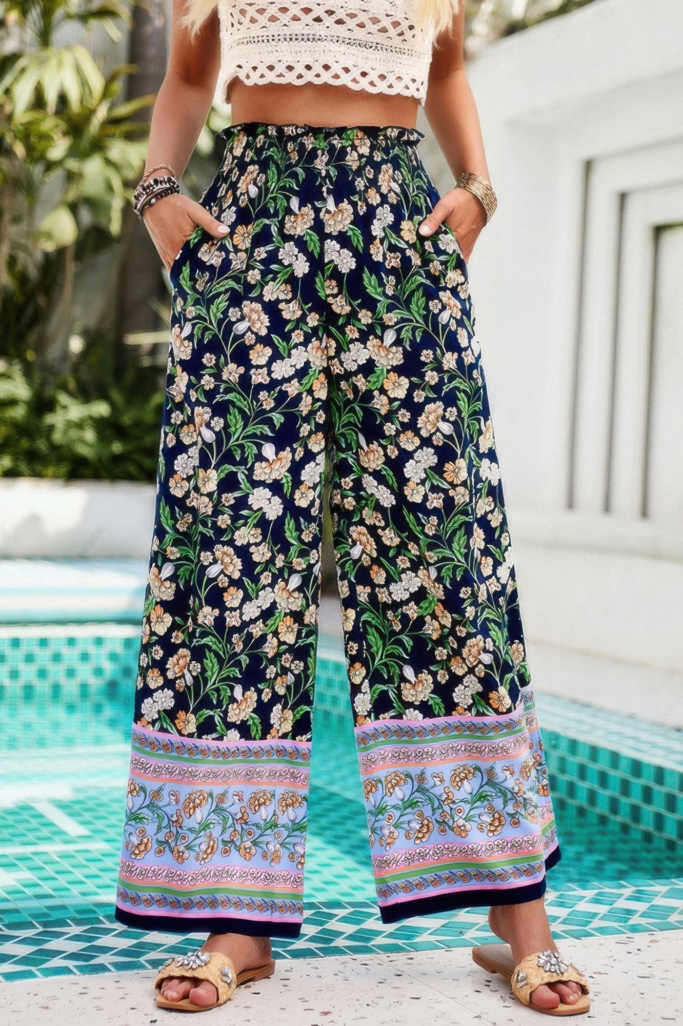 Floral Print Wide Stright Leg Pockets Elastic Pant See size chart under “more details” The Fashion Celestial