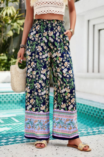 Floral Print Wide Stright Leg Pockets Elastic Pant See size chart under “more details” The Fashion Celestial