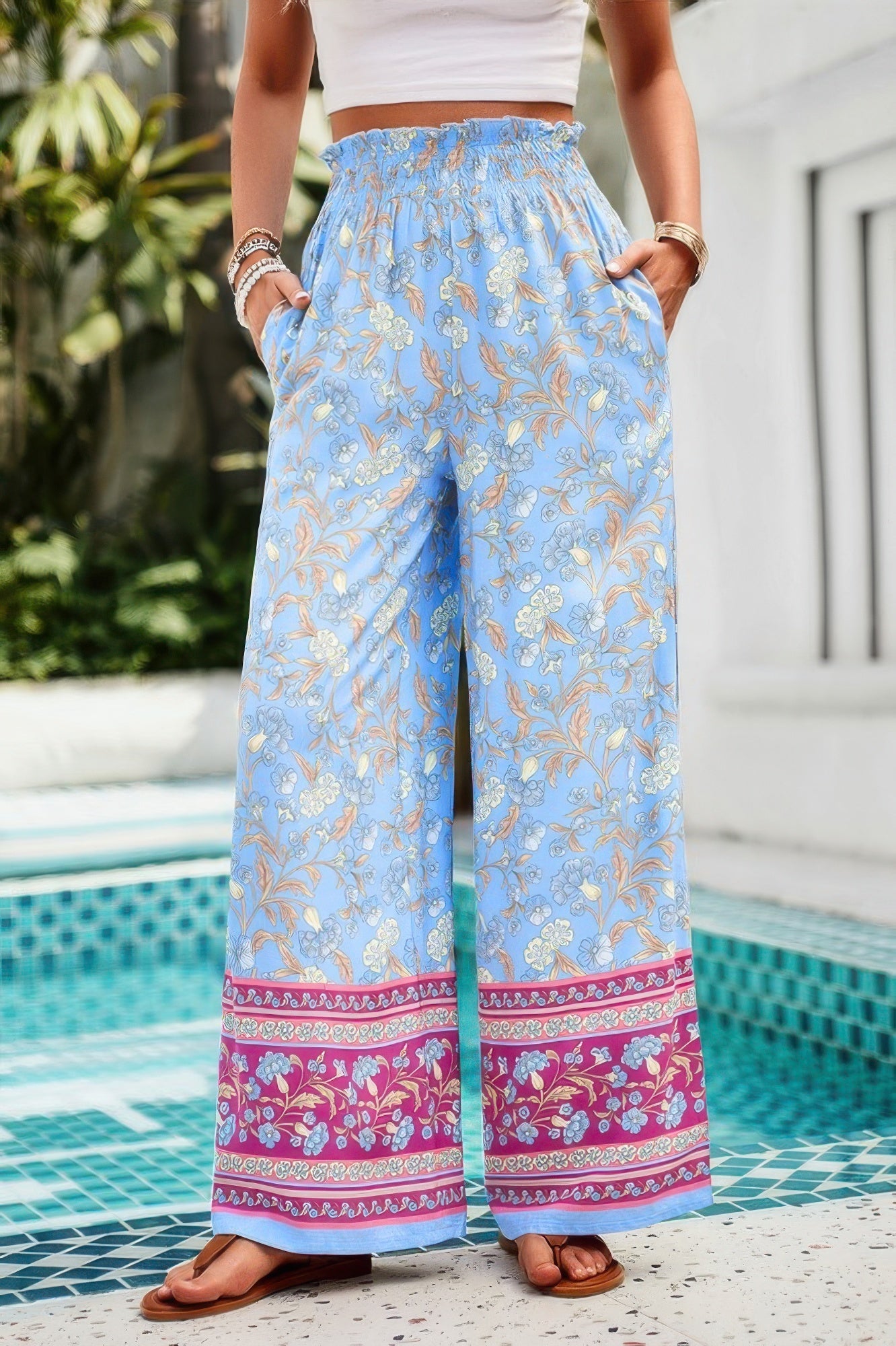 Floral Print Wide Stright Leg Pockets Elastic Pant See size chart under “more details” The Fashion Celestial