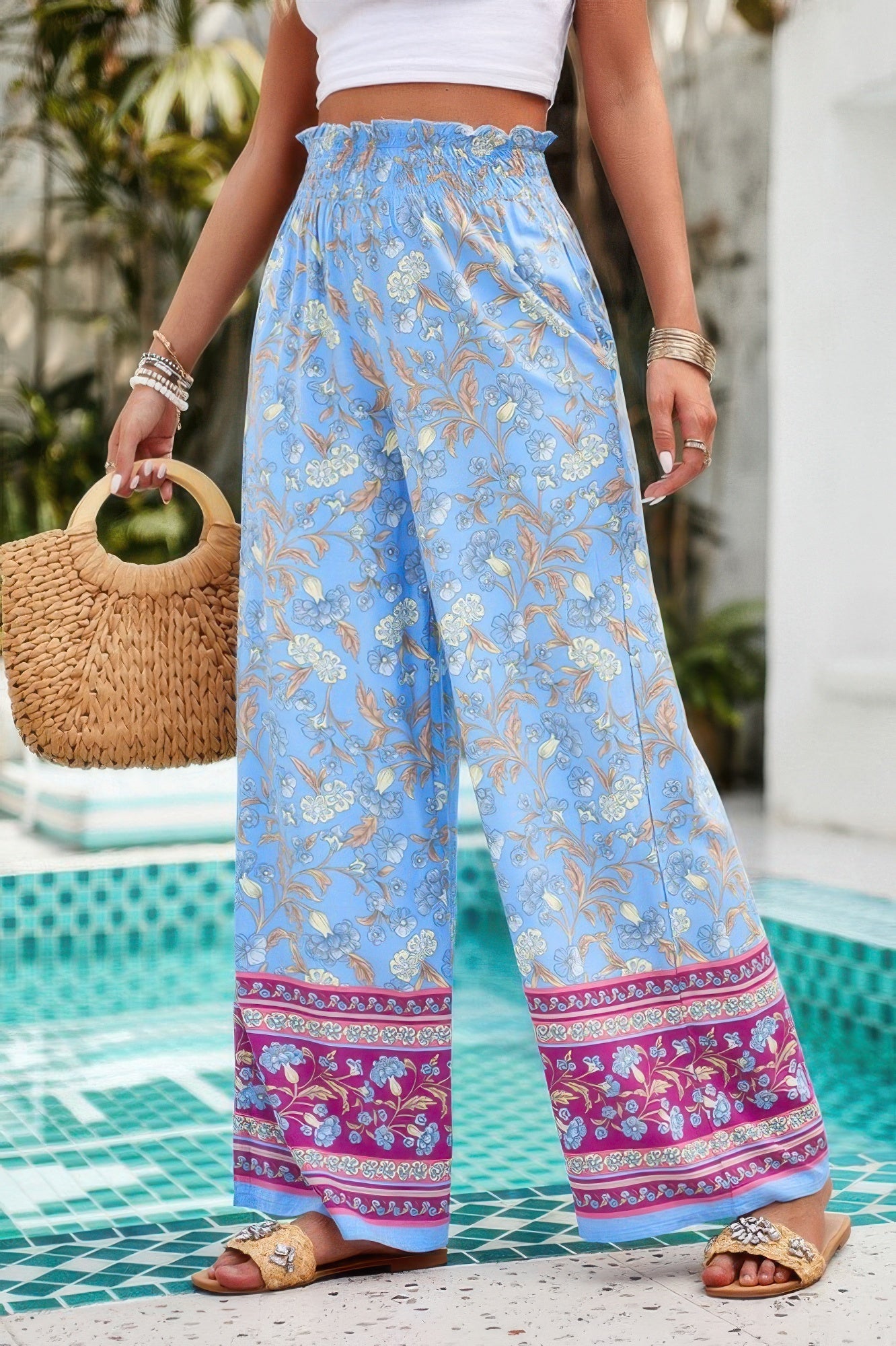 Floral Print Wide Stright Leg Pockets Elastic Pant See size chart under “more details” The Fashion Celestial