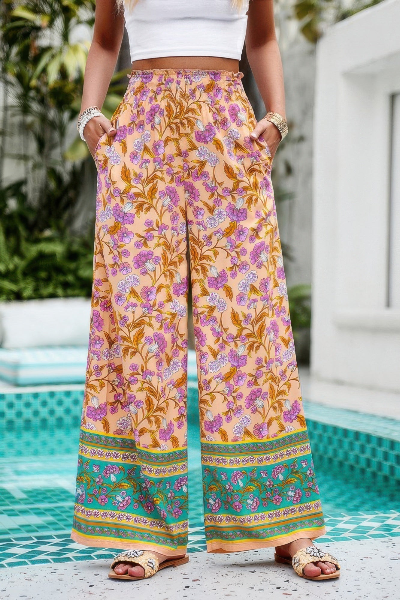 Floral Print Wide Stright Leg Pockets Elastic Pant See size chart under “more details” The Fashion Celestial
