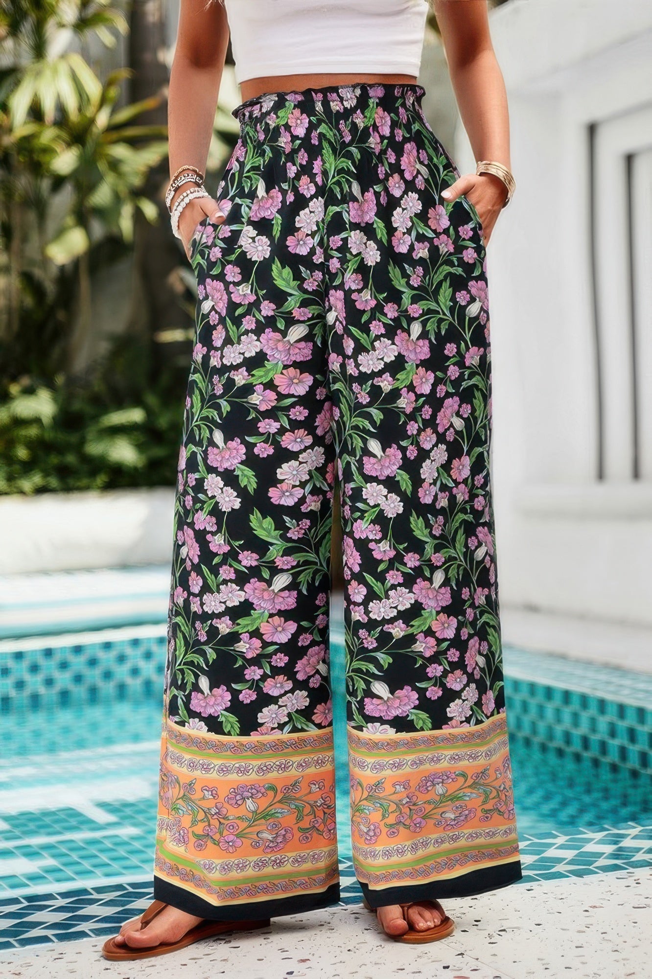 Floral Print Wide Stright Leg Pockets Elastic Pant See size chart under “more details” The Fashion Celestial