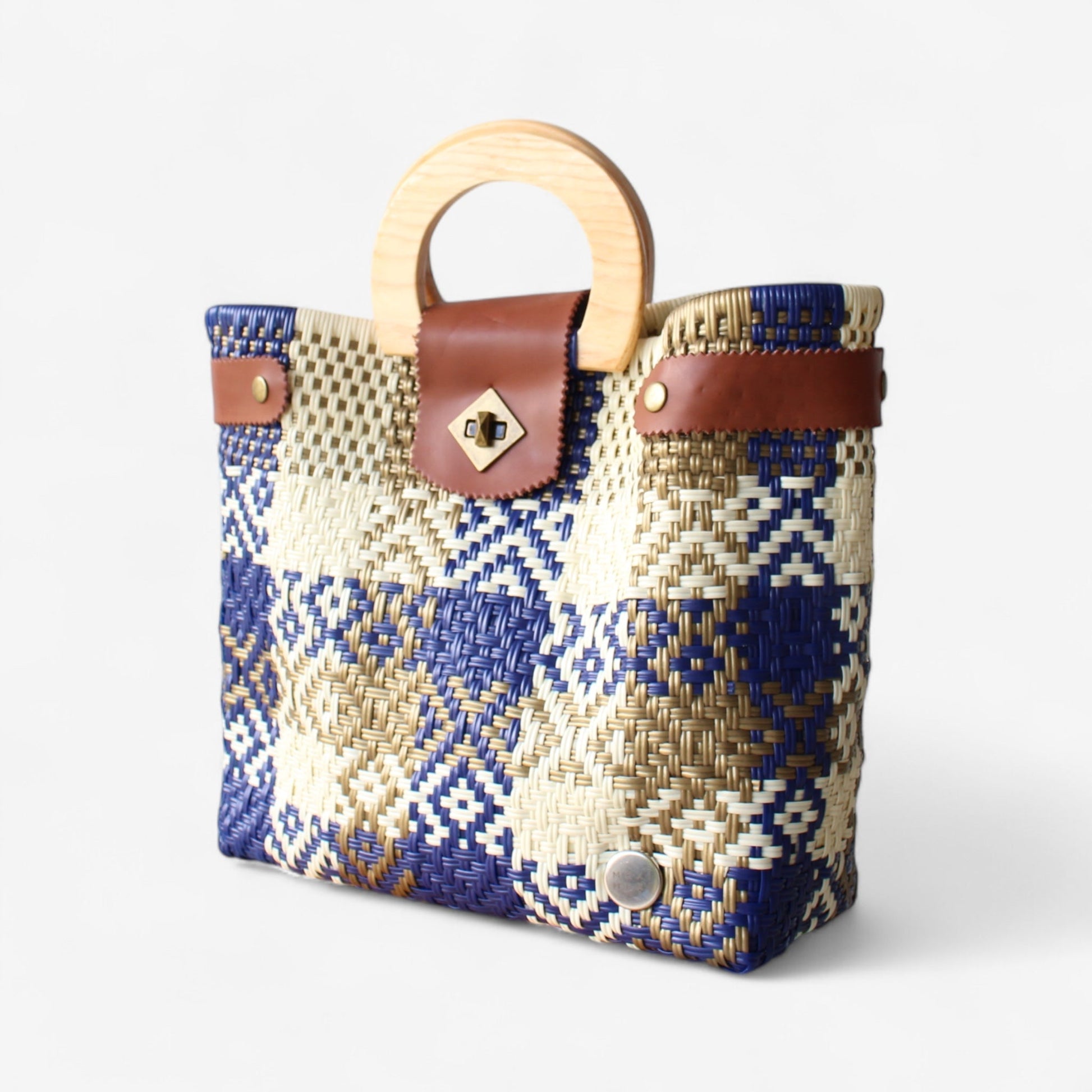 Royal Blue & Gold Mexican Tote Wood Handles MexiMexi