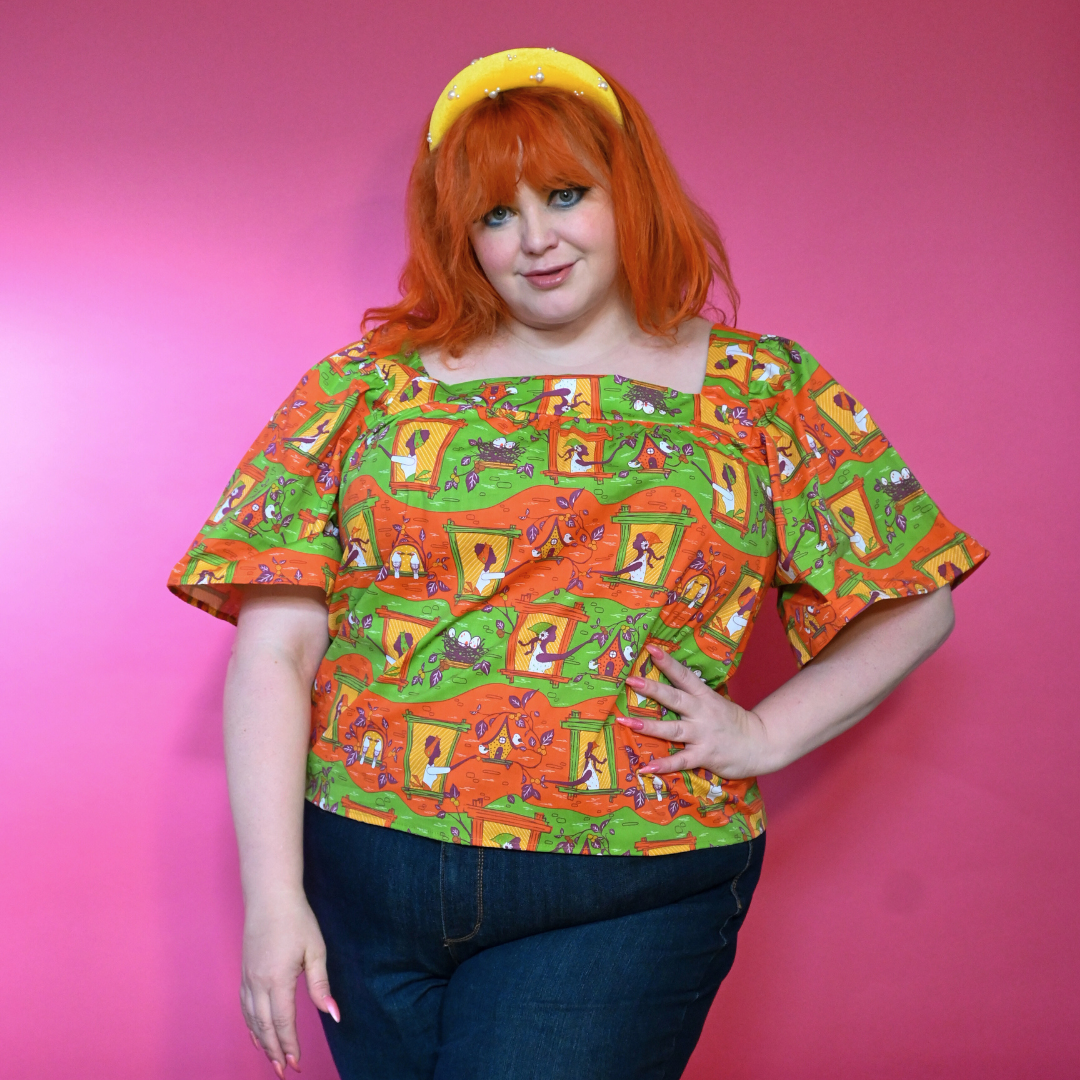 Brownstone Betties Square Neck Peasant Top in Pumpkin & Olive Blue Platypus Clothing