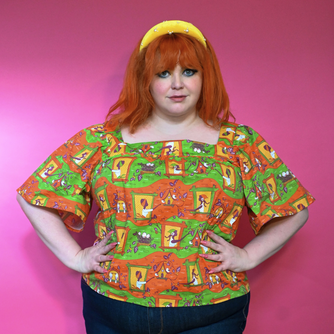 Brownstone Betties Square Neck Peasant Top in Pumpkin & Olive Blue Platypus Clothing