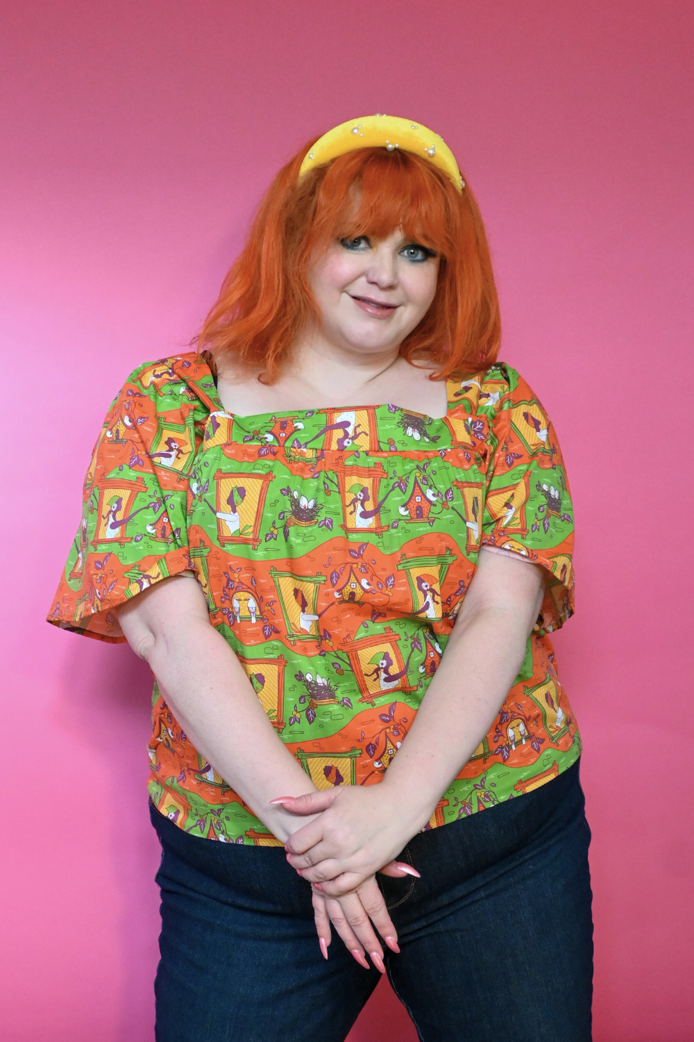 Brownstone Betties Square Neck Peasant Top in Pumpkin & Olive Blue Platypus Clothing