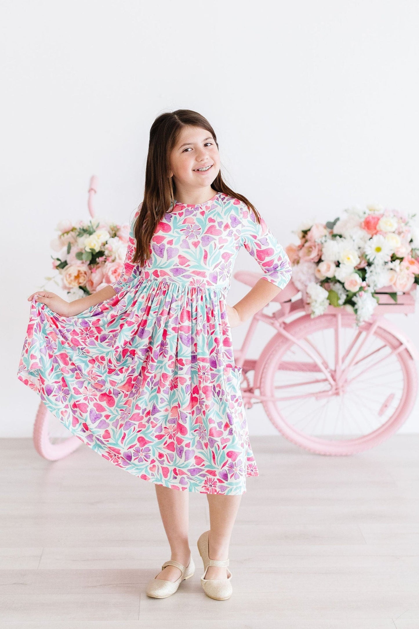 Watercolor Hearts 3/4 Sleeve Pocket Twirl Dress Mila & Rose ®