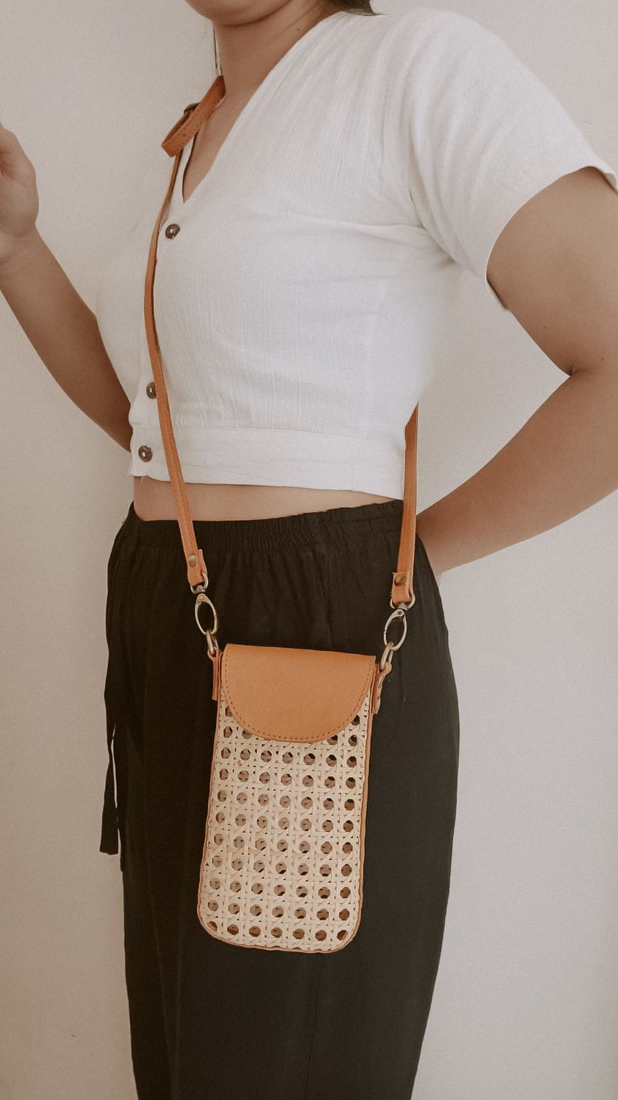 Nia Leather and Rattan Phone Sling Village Thrive