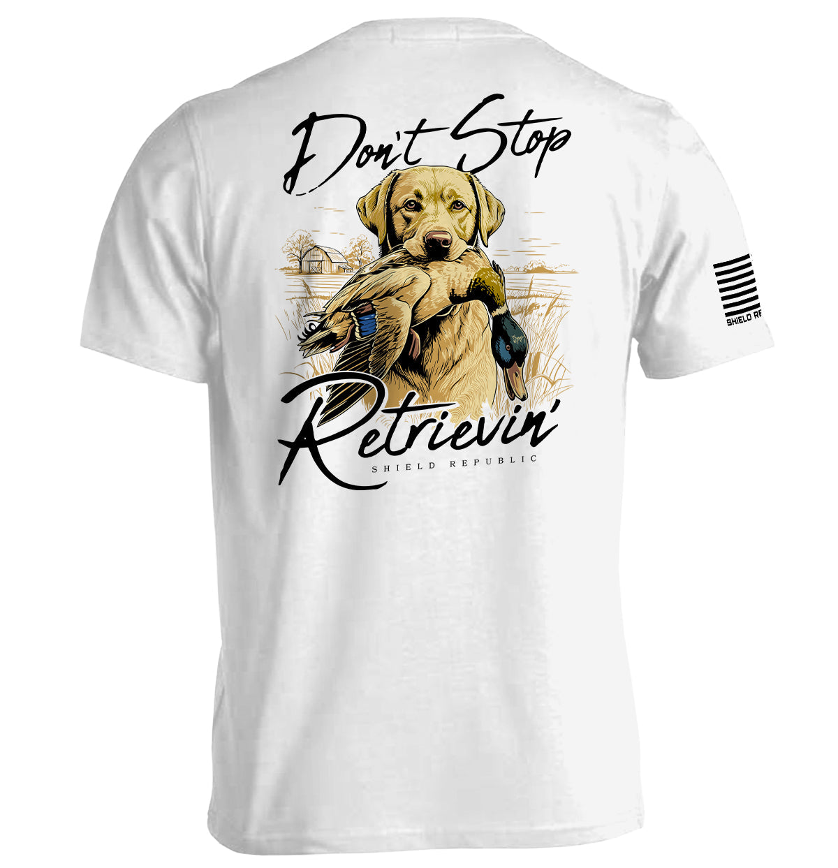 Don't Stop Retrievin Yellow Lab Shield Republic