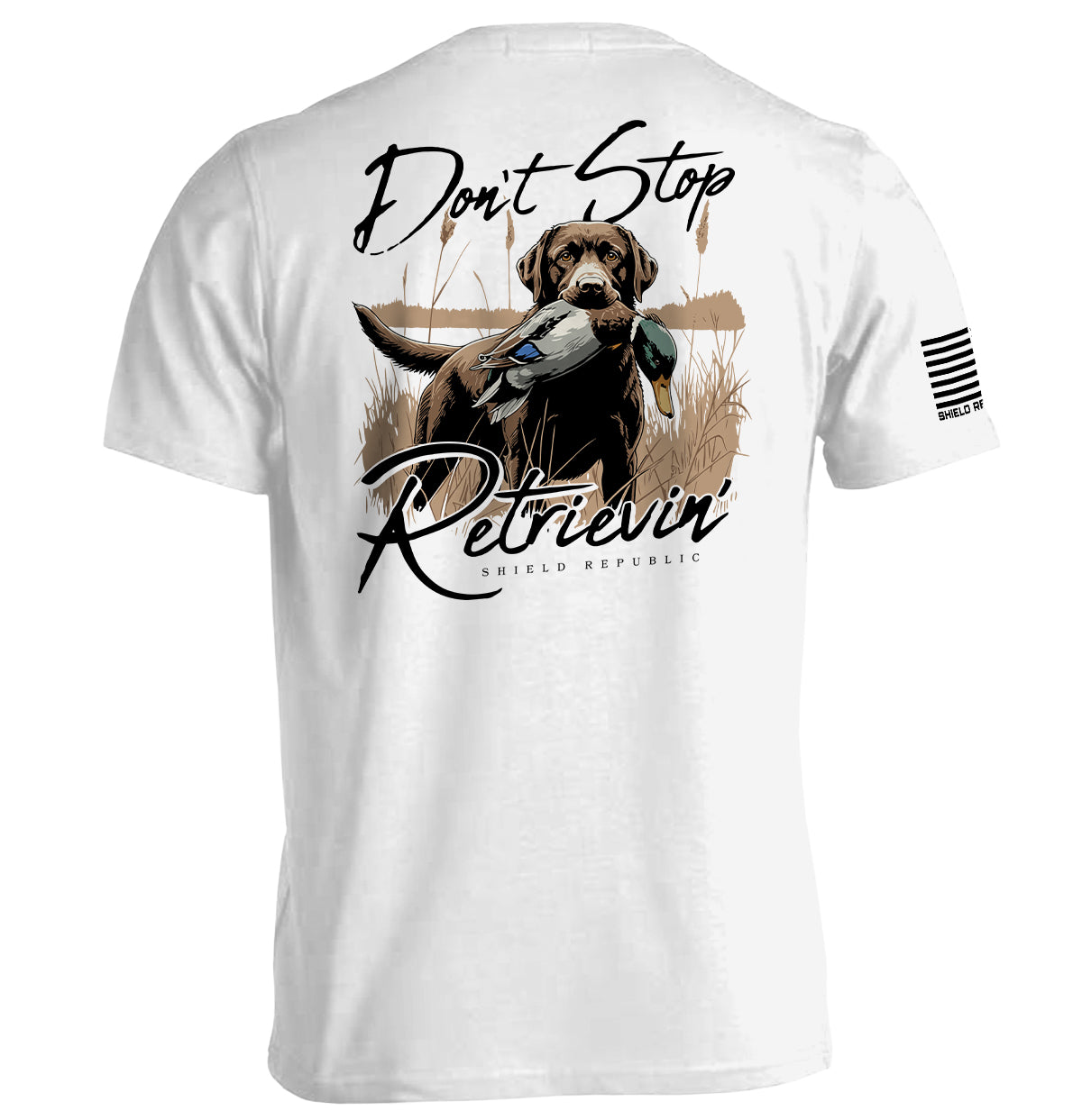 Don't Stop Retrievin' Chocolate Lab Shield Republic