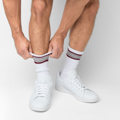 White Maroon 4 Stripe Casual Crew Socks DeadSoxy