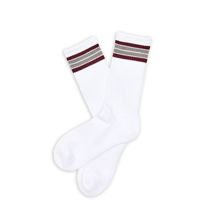 White Maroon 4 Stripe Casual Crew Socks DeadSoxy