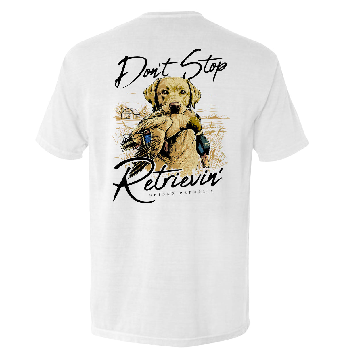 Don't Stop Retrievin Yellow Lab Shield Republic