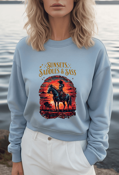 Sunsets Saddles and Sass Softstyle Fleece Crewneck Sweatshirt Country in My Heart