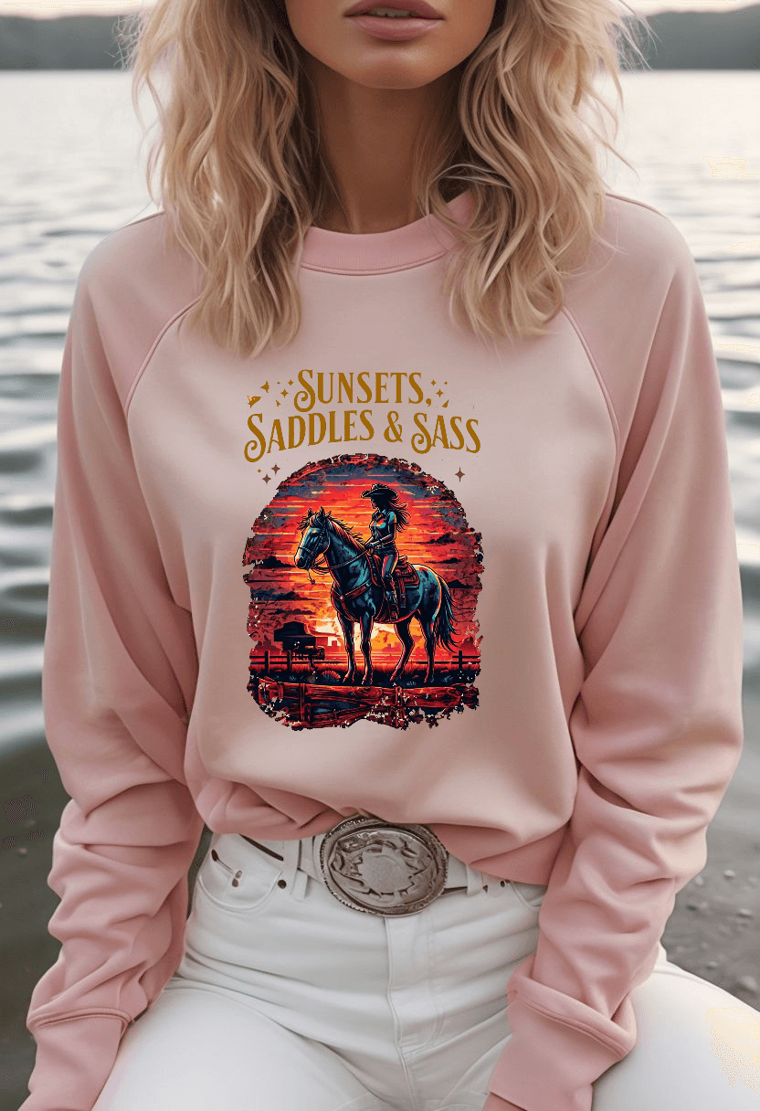 Sunsets Saddles and Sass Softstyle Fleece Crewneck Sweatshirt Country in My Heart