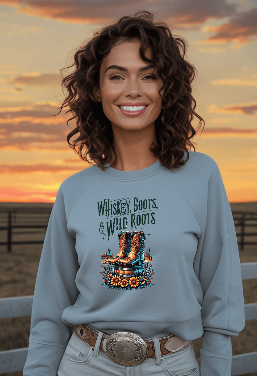 Whiskey Boots and Wild Roots Fleece Crewneck Sweatshirt Country in My Heart