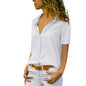 Women Solid White Blouse Tops Office Lady Work Chiffon Button