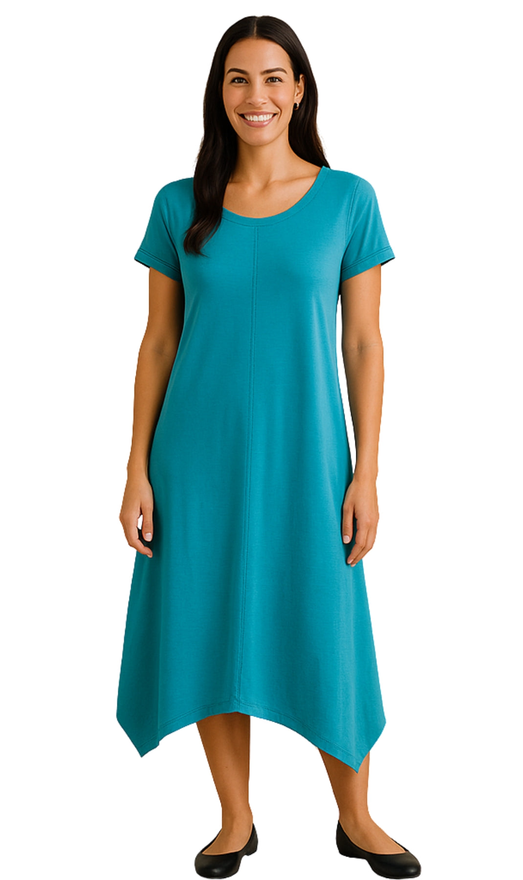 Women's Knit Wide Scoop Neck Short Sleeve Dress in A-line Asymmetrical Hem TURTLE BAY APPAREL